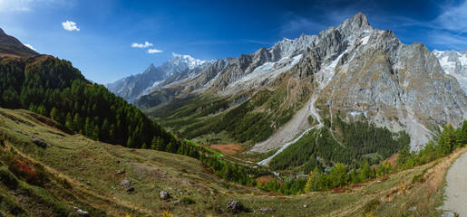 The panorama of Val Ferret, one of the Italian valleys that directly overlook Mont Blanc, during an...