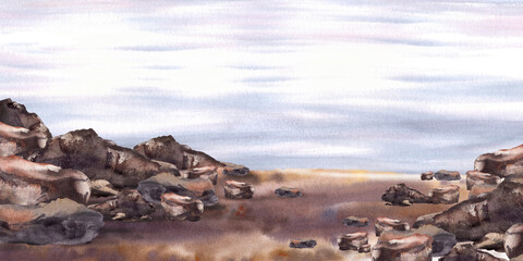 Obraz premium Watercolor landscape. Colorful seascape with ocean and coastal sandy beach with stones. Hand drawn isolated illustration on white background for your postcards, printing, poster, wallpaper, banner