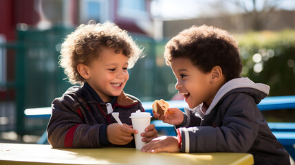 Kindergarten boy sharing food with another child on the playground - obrazy, fototapety, plakaty