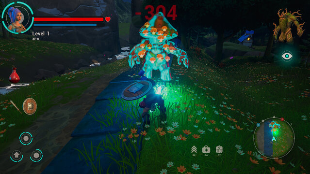 Night Video Game Mock-up: Gameplay of 3D Fantasy Role Playing Game Featuring Female Hero Character on Adventure, Running in Magical Forest on a Quest, Fighting Monsters, and Gaining Points. 3D Render.