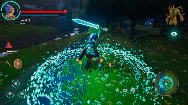 Night Video Game Mock-up: Playable Character in Videogame World. 3D Fantasy Role Playing Game Featuring Female Hero Character on Adventure, Fighting Enemies with Big Glowing Sword. 3D Render.