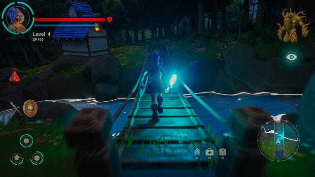 Night Video Game Mock-up: Playable Character in Videogame. 3D Fantasy Role Playing Game Featuring Female Character on Adventure, Exploring World with Glowing Sword, Gaining Experience. 3D Render.