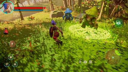Gameplay for Mockup Screen: Fantasy Role Playing Video Game Featuring Adventure and Combat. Strong Female Hero Getting Surrounded and Attacked by Enemies but She Triumphs with Magical Sword. 3D Render