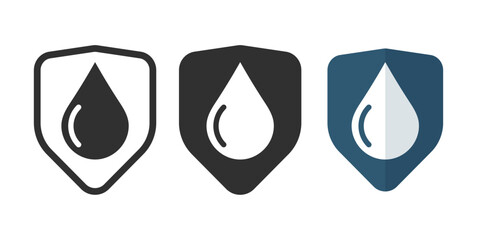 Water resistant protection icon, waterproof shield pictogram glyph graphic symbol, rainproof fabric label flat blue and black white set line outline art, moisture wet defense guard security sign image