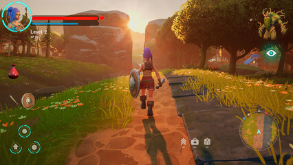 Fun Arcade Role-Playing Video Game for Mock-up Gaming Content: Gameplay of 3D Fantasy Game Featuring Female Hero Character Wielding Sword and Shield, Going on Adventure in Beautiful Forest. 3D Render © Gorodenkoff