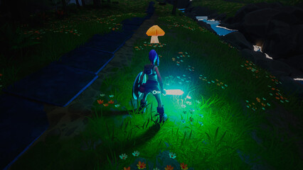 Playable Character in 3D Fantasy Role Playing Video Game. Female Hero Character on Adventure, Running and Exploring Surroundings Holding a Glowing Magical Sword. Night Video Game Mock-up. 3D Render © Gorodenkoff