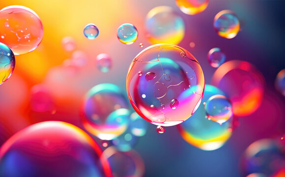 Conceptual computer desktop backdrop featuring colorful floating spheres over a vibrant background. Soap bubbles with multicolored light reflections. Background with blurs. 
