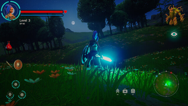 Night Video Game Mock-up: Playable Character in 3D Fantasy Role Playing Video Game. Female Hero Character on Adventure, Running and Exploring Surroundings Holding a Glowing Magical Sword. 3D Render