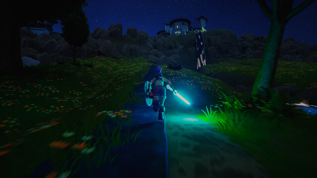 Night Video Game Mock-up Without Overlay: Playable Character in 3D Fantasy Role Playing Video Game. Female Hero on Adventure, Running, Exploring Surroundings, Holding Glowing Sword. 3D Render