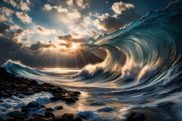 long and large waves of tusnami with dark blue water and boat  sun shine with the  waves 