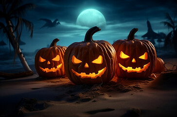 three spooky pumpkins on the beach under the moonlight