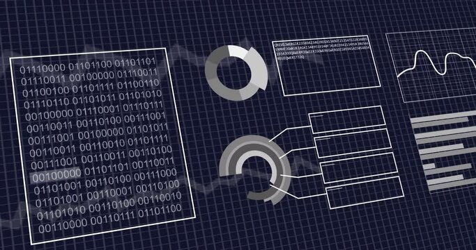 Animation of interface with binary coding and statistical data processing against blue background