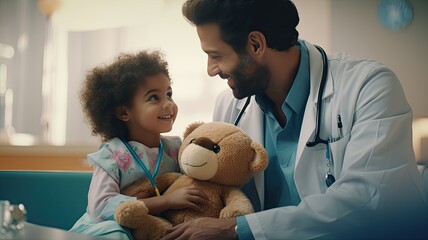 a doctor examining a child in a modern hospital. The child clutches a comforting toy, emphasizing the supportive atmosphere. - obrazy, fototapety, plakaty