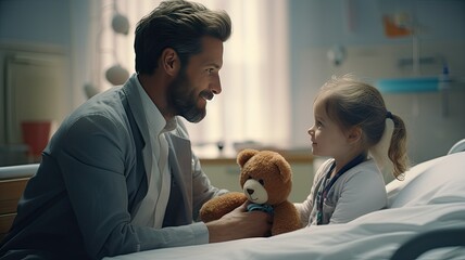 a doctor examining a child in a modern hospital. The child clutches a comforting toy, emphasizing the supportive atmosphere.