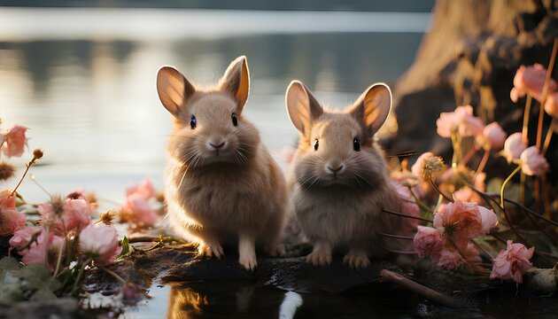 Two rabbits in the forest near a lake. Bunny in the wild. Rabbit in the woods. Adorable rabbits in the nature. Wildlife. Animal photography. Spring time in the forest. Spring