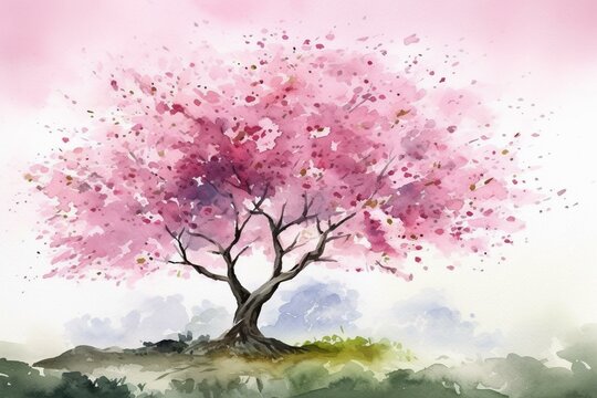 Illustration of a cherry blossom sakura tree with pink flowers in a watercolor landscape. Generative AI