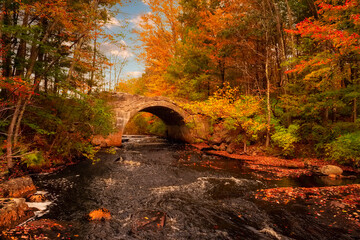autumn  landscape. An ancient stone bridge over a river and yellow trees