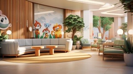 a modern hospital's children's reception area, adorned with adorable toys resting on chairs,...