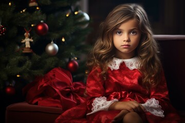 Little girl in red dress sitting near Christmas tree. Smile person family face. Generate Ai