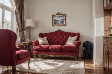 Modern living room design with red textile furniture and picture frame mock up on a wall