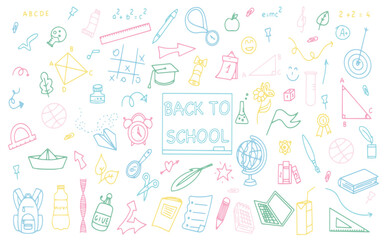 Background of school icons in doodle style. School education. Back to school doodle drawing. Vector illustration