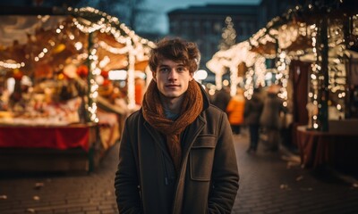 Fototapeta premium A stylish modern man, captured on a festive Christmas street
