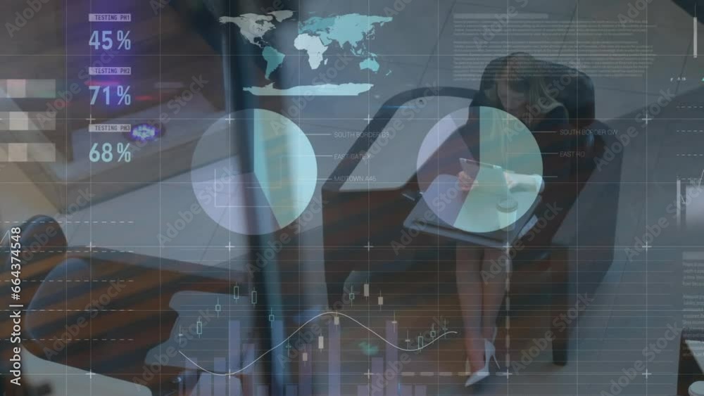 Poster animation of statistical data processing against overhead view of woman using tablet at office