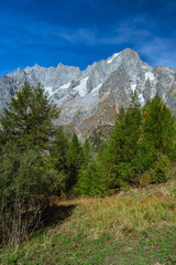 Obraz premium The Grandes Jorasses, one of the massifs of Mont Blanc, more spectacular and majestic of all the Alps, during a sunny autumn day, near the town of Courmayeur, Italy