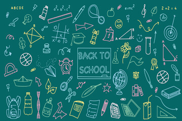 Background of school icons in doodle style. School education. Back to school doodle drawing. Vector illustration