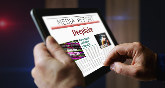 Deepfake AI disinformation fake news newspaper on mobile tablet screen