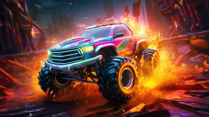 Fast Moving Monster Truck Abstract Background - obrazy, fototapety, plakaty