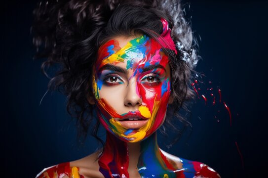 A close-up shot of a woman's face adorned with a vibrant and artistic array of colors and makeup