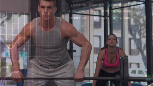 Animation of stock market data processing over caucasian fit couple working out with barbell at gym