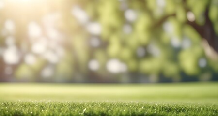 Naklejka premium Green grass with a blurry background. Green lawn under the rays of the sun. Lawn grass with copy space.