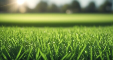 Naklejka premium Green grass with a blurry background. Green lawn under the rays of the sun. Lawn grass with copy space.