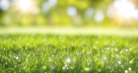 Green grass with a blurry background. Green lawn under the rays of the sun. Lawn grass with copy space.