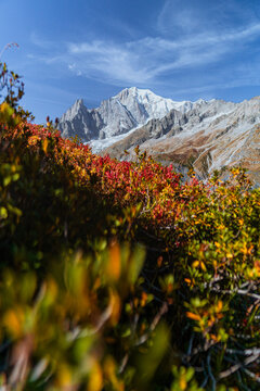 Mont Blanc, the highest top of the Alps, seen by the paths of the Val Ferret, during a sunny October day, near the town of Courmayeur, Valle d'Aosta, Italy - October 2023