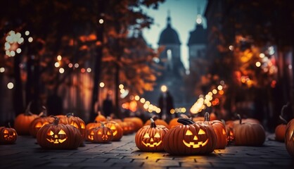 Eerie Halloween ambiance: Street adorned with illuminated pumpkins on a spooky autumn night