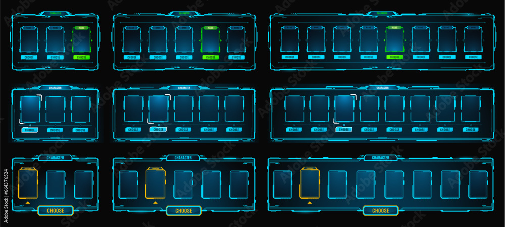 Poster Hud game frame, interface panel borders and avatar neon display. Vector futuristic glowing ski-fi borders set. Space technology isolated tech portals, ui elements for virtual reality, gamer dashboard