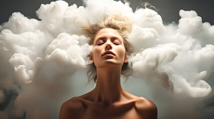 A young woman with mental problems represented by a cloud. Mental health concept. 