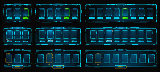 Hud game frame, interface panel borders and avatar neon display. Vector futuristic glowing ski-fi borders set. Space technology isolated tech portals, ui elements for virtual reality, gamer dashboard © Vector Tradition