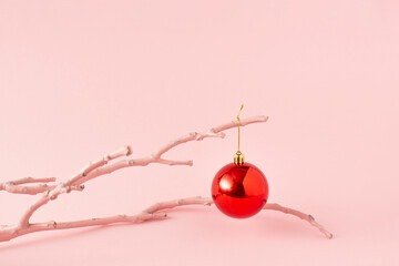 Painted pink branch with glittering  red  ornament ball isolated on pastel pink background....