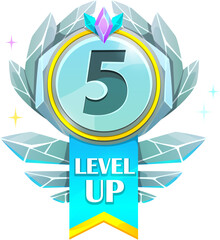Game interface level up metal badge, steel win icon with wings, vector rank or bonus award medal. 5 level up badge with blue ribbon and crystal stone wings for video arcade game GUI or popup badge