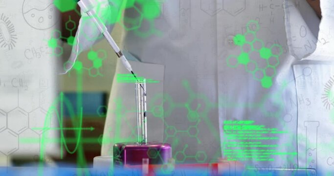 Animation of data processing over mid section of a scientist performing experiment at laboratory