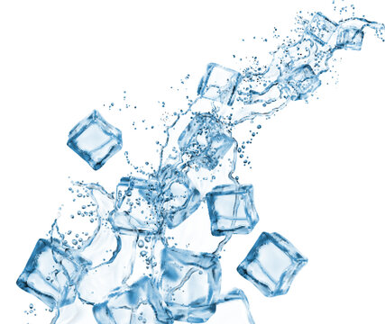 Liquid blue water flow splash and ice cubes with drops in pour wave, realistic vector. Fresh cold water pour spill with ice cubes splashing for mineral water or fizzy sparkling drink background