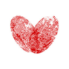 Fingerprint heart, love red ink symbol or pattern. Wedding card thumb grungy print, Valentine holiday fingermark pattern, 8 March ink fingerprint heart vector texture. Romantic love thumbprint symbol