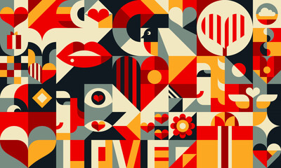 Valentine bauhaus modern geometric pattern. Abstract vector grid, minimal style background with simple shapes and figures of hearts, lips, wings and flowers, clouds or gift boxes black, red and yellow - obrazy, fototapety, plakaty
