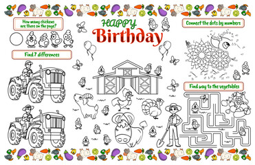 Festive placemat for children. Print out the farm-themed happy birthday activity sheet with a maze, connect the dots and spot the difference. 17x11 inch printable vector file