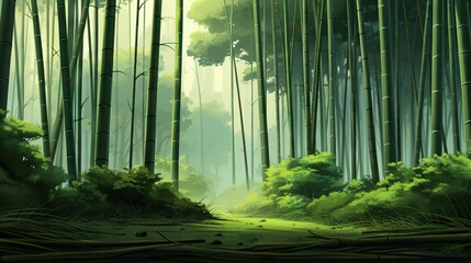  a painting of a green forest with a path through it.  generative ai
