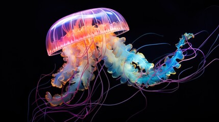  a colorful jellyfish floating in the water with a black background.  generative ai